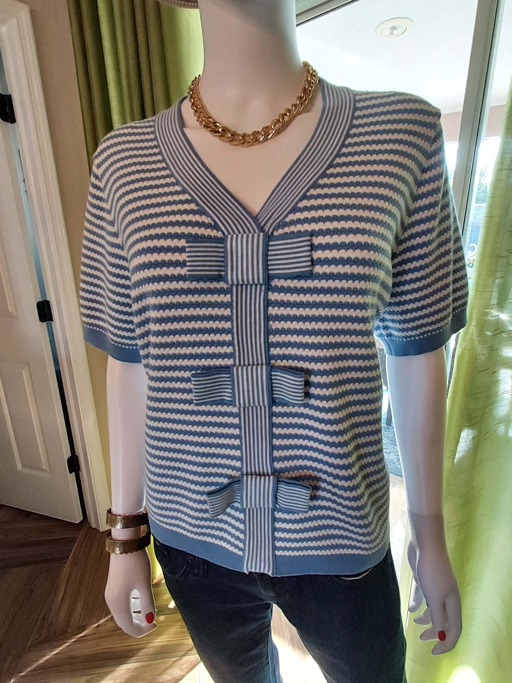 Adrianna Papell Blue & White Striped Short-Sleeve Sweater with Bow Accents